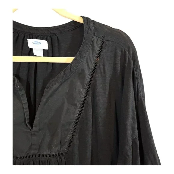 Old Navy Black 3/4 Sleeve Split Neck Ladder Stitch Top Casual Boho Women's XXL - Picture 3 of 6